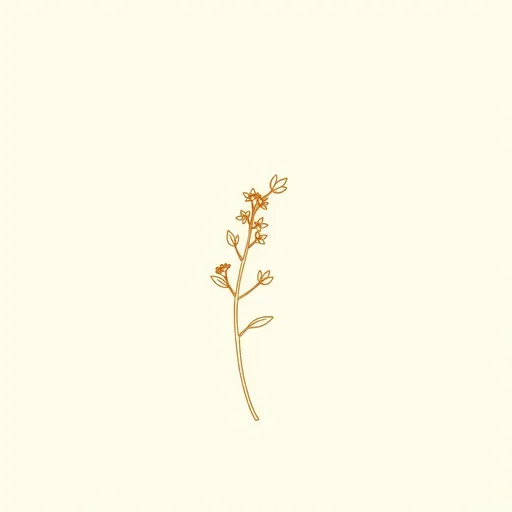 Minimal bronze line drawing of a hyssop stem with narrow lance-shaped leaves and small clustered flower spikes, on a cream background.