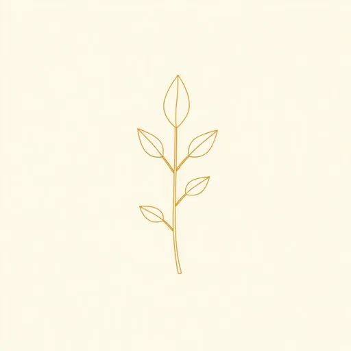 Minimal bronze line drawing of a single bay laurel leaf with a pointed tip and clearly veined surface, on a cream background.
