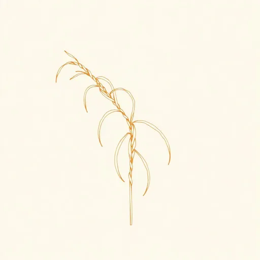 Minimal bronze line drawing of a loose braid of long, slender sweetgrass blades, on a cream background.