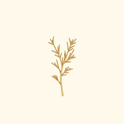 Minimal bronze line drawing of a rosemary sprig with dense, needle-like leaves along a woody stem, on a cream background.