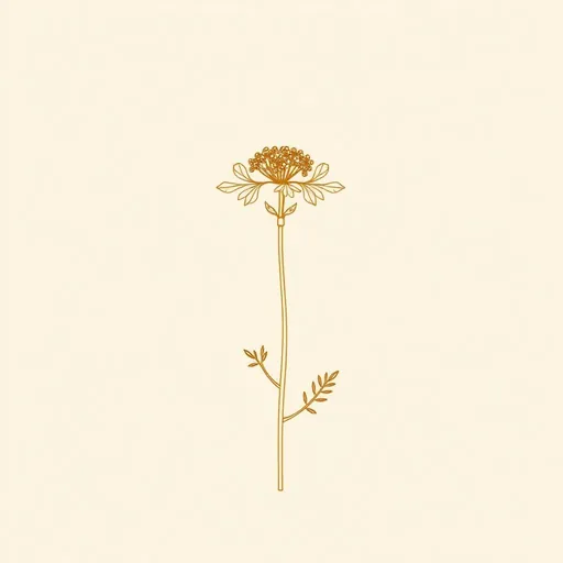 Minimal bronze line drawing of a yarrow stem with feathery, finely divided leaves and a flat umbel of tiny flowers, on a cream background.