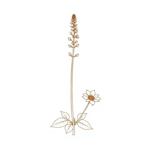 Minimal bronze line drawing of a mullein plant with a tall flower spike rising from a rosette of broad, soft leaves, on a cream background.