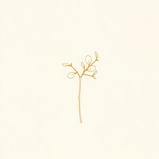 Minimal bronze line drawing of a eucalyptus branch with rounded, alternating silver-dollar leaves, on a cream background.