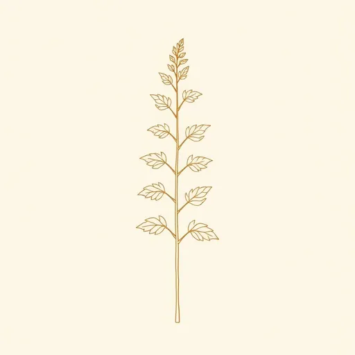 Minimal bronze line drawing of a mugwort stem with deeply lobed, slightly arching leaves, on a cream background.