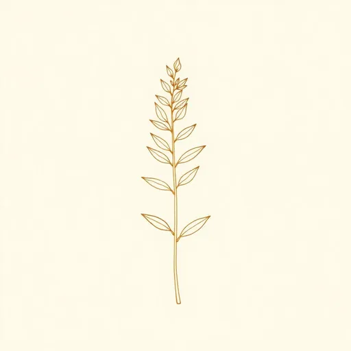 Minimal bronze line drawing of a white sage sprig with elongated, slightly textured leaves arranged along a central stem, on a cream background.