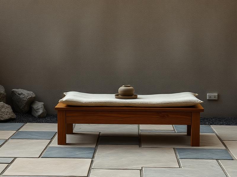A low linen-cushioned bench on a stone patio at dawn with a small ceramic vessel