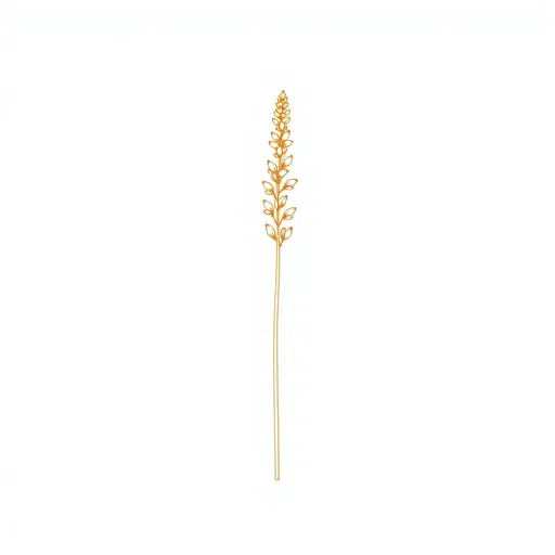 Minimal bronze line drawing of lavender stalks with slender leaves and tapering flower spikes of small blossoms, on a cream background.