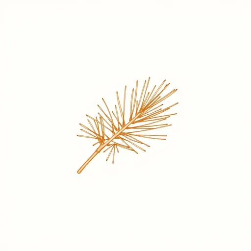 Minimal bronze line drawing of a white pine sprig with a bundled cluster of long, soft needles, on a cream background.