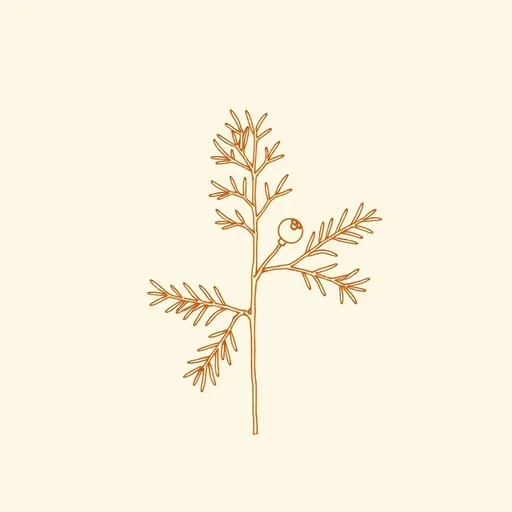 Minimal bronze line drawing of an eastern red cedar sprig with scaled, overlapping evergreen foliage and small berries, on a cream background.