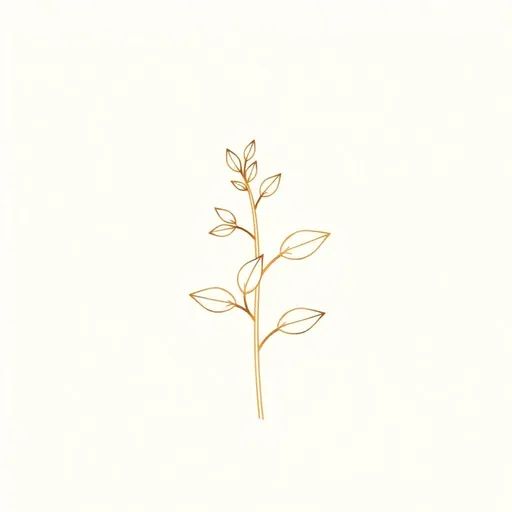 Minimal bronze line drawing of a garden sage sprig with paired oval leaves along a slender stem, on a cream background.